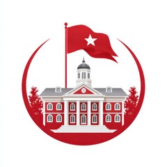 Red Flag Building with Star and Architectural Details
