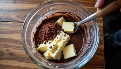 "baking process with cocoa powder, butter, and melted chocolate in a bowl."