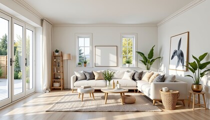 Fototapeta premium stylish living room interior with soft lighting, scandinavian decor, and open windows bringing in fresh air.