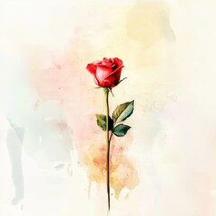 Beautiful Red Rose with Green Leaves on Soft Watercolor Background