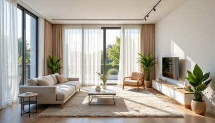 a bright modern living room with sunlight gently pouring through sheer curtains, creating a warm and serene ambiance.