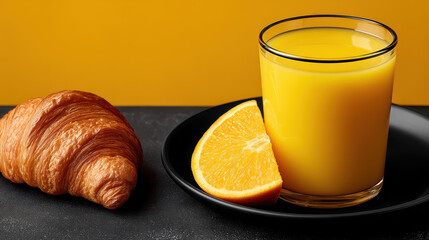 Glass of orange juice, croissant, and orange slice on black plate, breakfast setup, bright mood