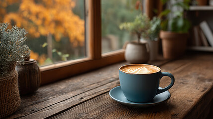Cup of latte on wooden table near window, cozy autumn atmosphere with plants