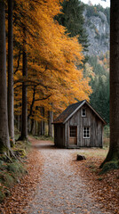 Rustic cabin autumn forest path, tranquil scene with golden leaves and cozy atmosphere
