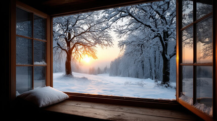 Open window, winter landscape, snow, sunrise, frosty trees, peaceful, cozy view