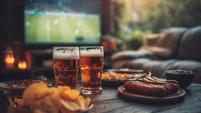 Game Night Feast: A cozy scene unfolds with two glasses of amber ale alongside chips, and sausage, while a football game plays in the soft background, enhancing the communal gathering atmosphere.