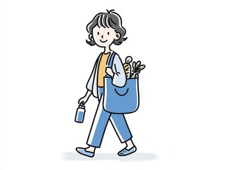 Casual Woman Walking with Eco-Friendly Bag and Drink in Blue Outfit