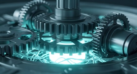 A close up view of several metal gears with a glowing blue light underneath them all