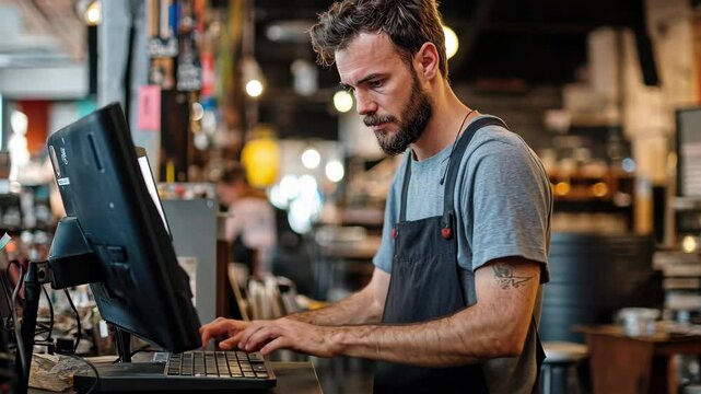 Small business owner utilizes technology to enhance operations in a busy shop, A man who manages a small business uses technology to boost output and improve customer satisfaction