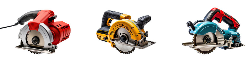 A collection of mini circular saws with cords isolated on a transparent background