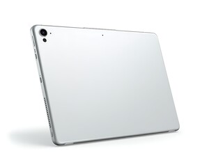 Backside of tablet showing metallic finish and logo area, minimalist look, white background.