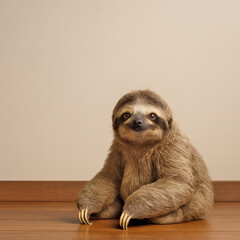 Fototapeta premium Adorable Sloth in Studio Light on Wooden Floor Against Beige Wall, Cute Wildlife, Nature Photography, Stock Image, Copy Space, Animal Portrait