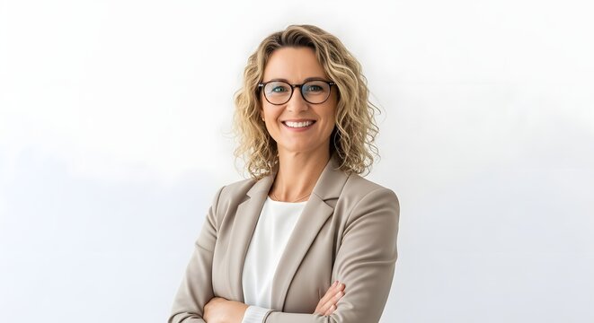 Professional headshot of smiling woman in blazer with glasses for business profile or corporate website