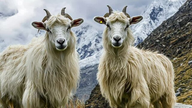 Himalayan Pashmina wool goats grazing in highland pasture among snow capped mountains, Himalayan Pashmina wool goats on highland pasture
