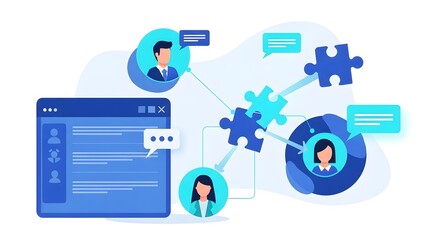 Illustration of interconnected people and puzzle pieces with a web interface panel