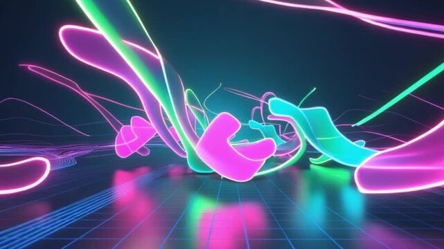 Vibrant neon-colored abstract shapes with glowing edges and dynamic composition, futuristic digital art elements for modern backgrounds and design  4khd video download