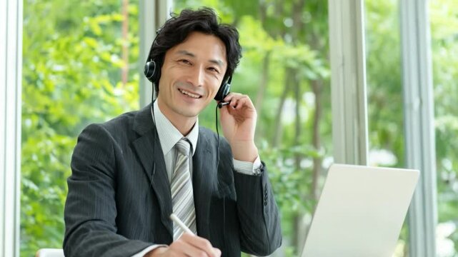 Smiling Support: A focused and professional man provides customer assistance or engages in remote work. Clad in professional attire, he engages in a modern.