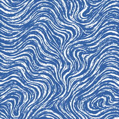 seamless pattern featuring stylized waves in shades of blue and off-white. The waves are rendered with a textured, brush,hand-drawn or printed effect, creating a slightly distressed or vintage look.