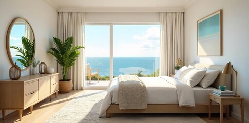 Sun-drenched California bedroom with ocean view, white walls, and coastal decor Relaxing beach vibes, perfect for a tranquil escape Large window, natural light, stylish furniture , bright, house