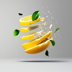 Sliced Lemon with Fresh Green Leaves and Crumbling Texture
