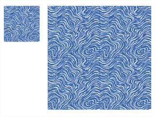 A seamless pattern featuring stylized waves in shades of blue and off-white. The waves are rendered with a textured, brush,hand-drawn or printed effect, creating a slightly distressed or vintage look.
