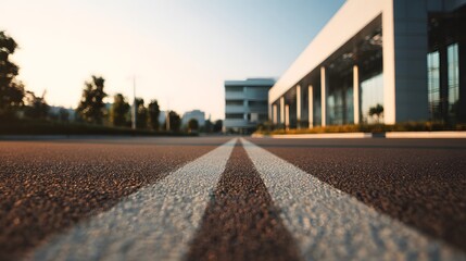 Empty road leading to a modern building with clean lines, bathed in soft afternoon light, conveying minimalist serenity.