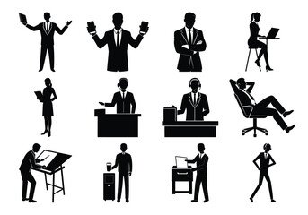 Business People Silhouette Icons set Tech Usage, Office Postures, and Workplace Tools

