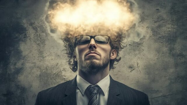 Mind Blown. Overwhelmed Businessman with Exploding Thoughts