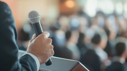 A man in a suit holding a microphone in front of a blurred audience.