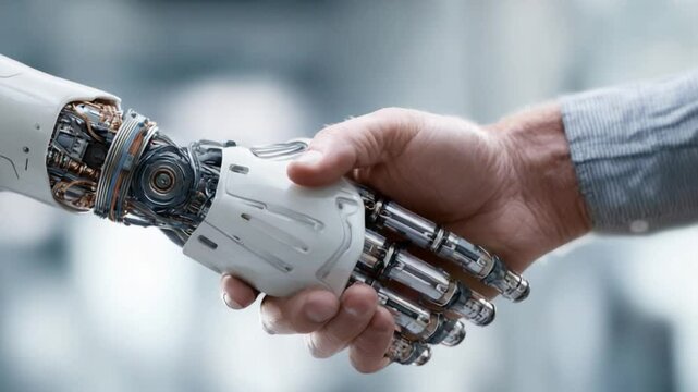 Human and Robot Alliance: A close-up shot captures a symbolic handshake between a human hand and a robotic hand, embodying the fusion of technology and humanity, signifying collaboration, trust.
