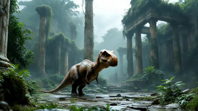 A colossal TRex looms over ancient ruins, surrounded by vibrant nature