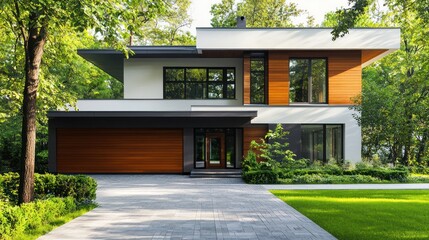 A modern, minimalist house with a flat roof, large windows, and a wooden exterior.