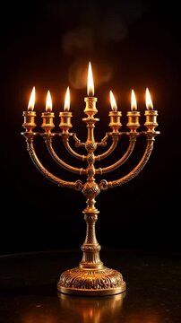 A luminous golden menorah style lampstand illuminates the darkness with steady flames a vertical 4k video perfect for religious or symbolic projects