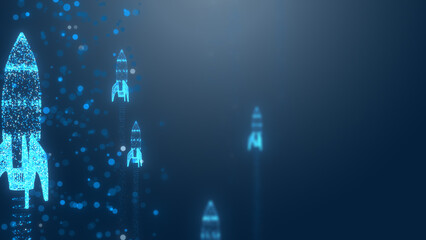 Digital rockets launch into a blue universe, representing technology, innovation, and progress in space exploration.