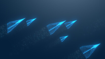 Dynamic digital representation of glowing paper planes soaring through a deep blue background, evoking innovation and creativity.