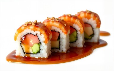 Sushi rolls covered in rich teriyaki sauce, isolated on white transparent background, concept of gourmet Japanese cuisine. High quality