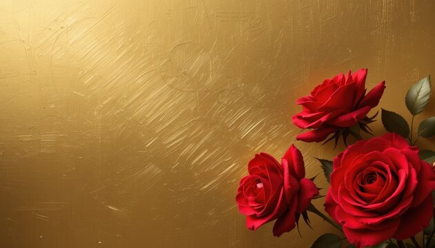 Romantic Red Roses on Brushed Gold Elegant High-Resolution Background Image