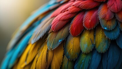Obraz premium Vibrant Macaw Feathers A Close-Up Macro Photography of Intricate Patterns and Vivid Colors