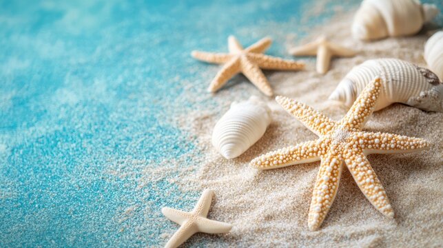 A beach scene with seashells and starfish on a sandy beach with a blue sky in the background.