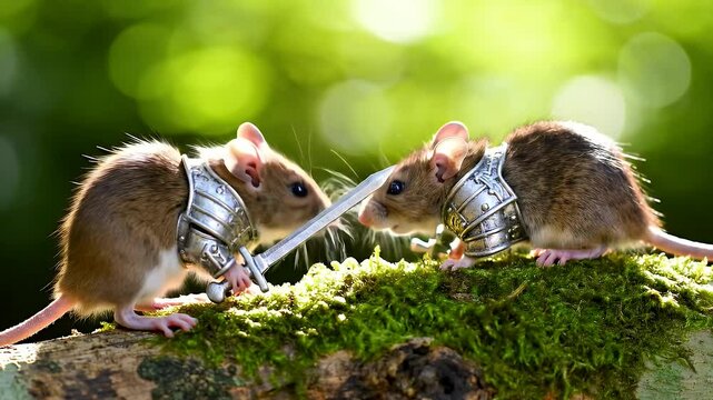 Two mice in knight armor having a sword fight on a mossy log