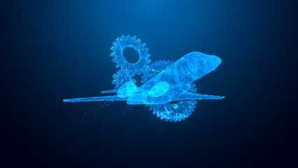 A conceptual digital art rendering of a futuristic aircraft intertwined with gears, symbolizing innovation in aviation technology and engineering.