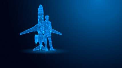 A futuristic holographic display featuring a jet and an aviator stands against a blue backdrop, symbolizing advancements in aviation technology.