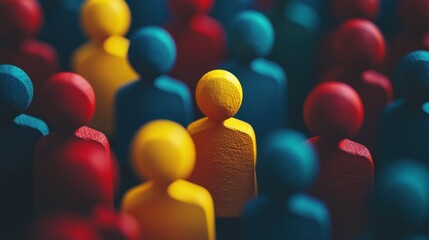 A group of colorful wooden figures, including yellow, red, and blue, standing in a crowd with a blurred background.