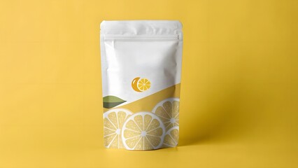 Fototapeta premium Fresh vitamin C powder pouch mockup set against a lemon yellow backdrop, highlighting minimalist design and vibrant color for dynamic health product branding.