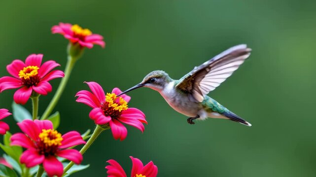 A hummingbird hovers in mid-air while feeding from the vibrant red petals of a blooming flower.