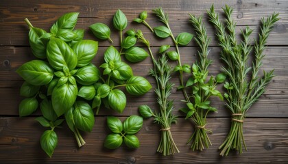 Obraz premium Fresh Basil and Rosemary Herbs A Flat-Lay of Organic Goodness on Rustic Wood