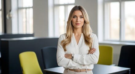 Portrait of confident business woman professional in office setting with arms crossed smiling 100c