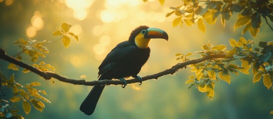 Fototapeta premium Toucan perched on a branch at sunrise in a lush forest.