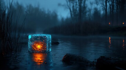 A glowing ice cube resides peacefully within the tranquil waters