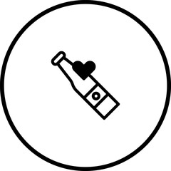 Minimalist drink icon of a bottle with heart in circular frame on white background